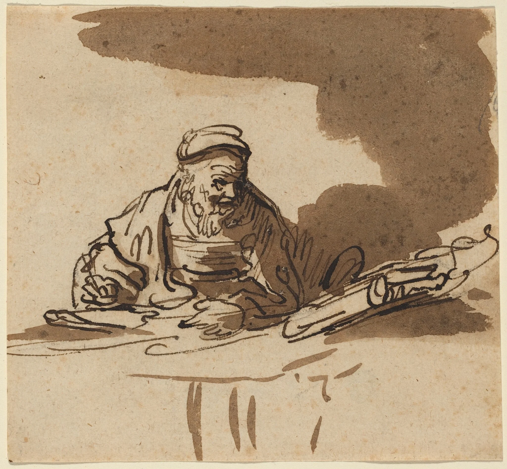 An Old Scholar at His Desk, by Unknown, ink, 1638