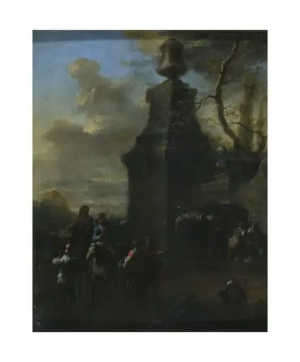 Figures near a mausoleum