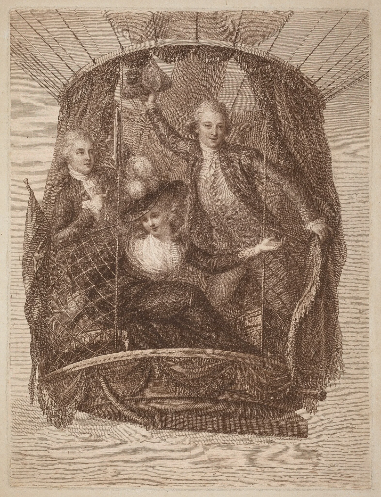 The Celebrated Vincent Lunardi Esq. Accompanied by Two Friends in His Third Aerial Excursion, Taken from St. George's Fields, in London, by Francesco Bartolozzi, ink, 1784