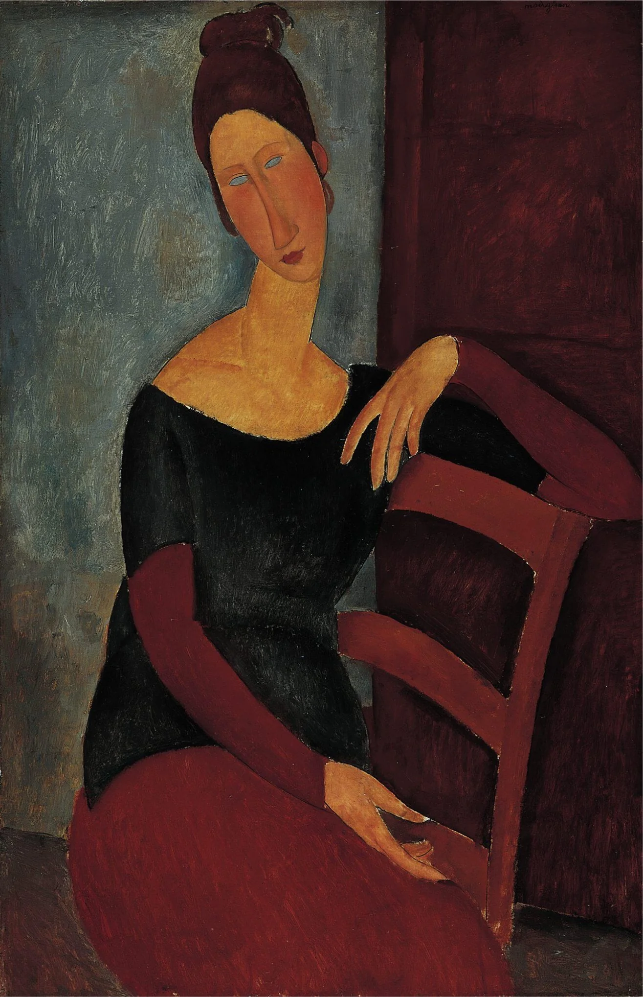 Jeanne seated with the arm resting on the back of the chair, by Amedeo Modigliani, oil, 1918