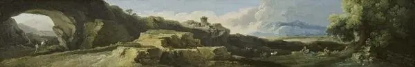 Rocky Landscape with a Natural Arch and a Distant Tower