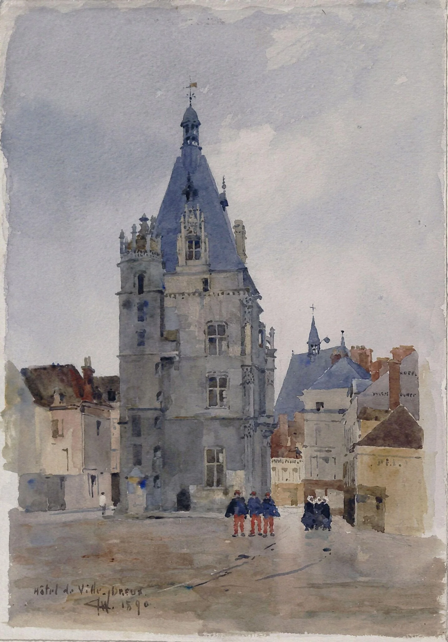 Hotel de Ville, Dreux, After Rain, by Charles John Watson, watercolor, 1890