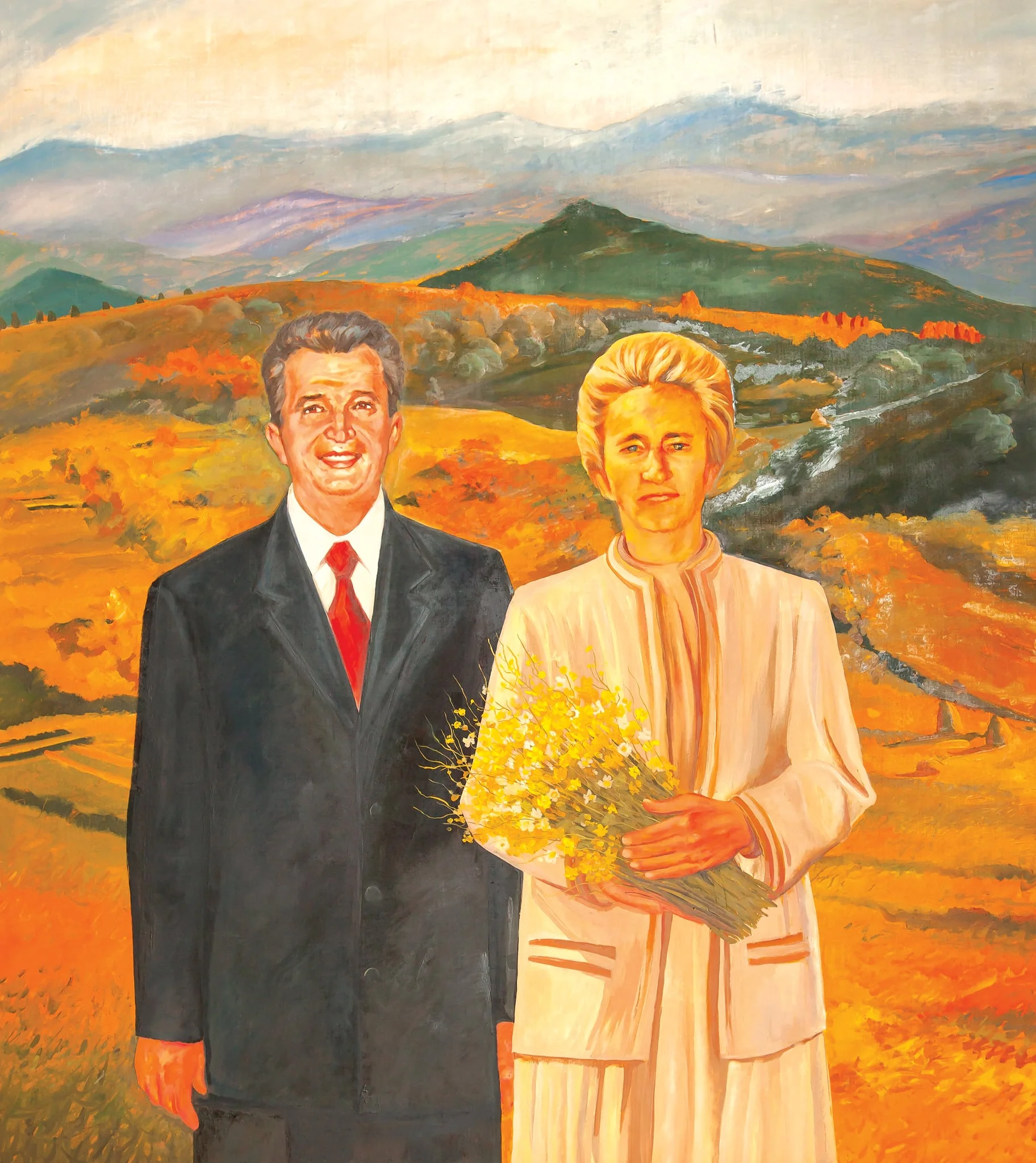 Tablou ulei pe pânză, „Compoziție”, atribuit Corneliei Ionescu Drăgușin, nedatat. Tabloul îi prezintă pe soții Ceaușescu înt-un decor montan. Elena Ceaușescu ține în brațe un buchet de flori de câmp, Nicolae Ceaușescu arborează un zâmbet larg. Tablou comnadat de Consiliul Național al Societății de Cruce Roșie și oferit soților Ceaușescu cu ocazia unei aniversări (1988)., by Cornelia Ionescu Drăgușin