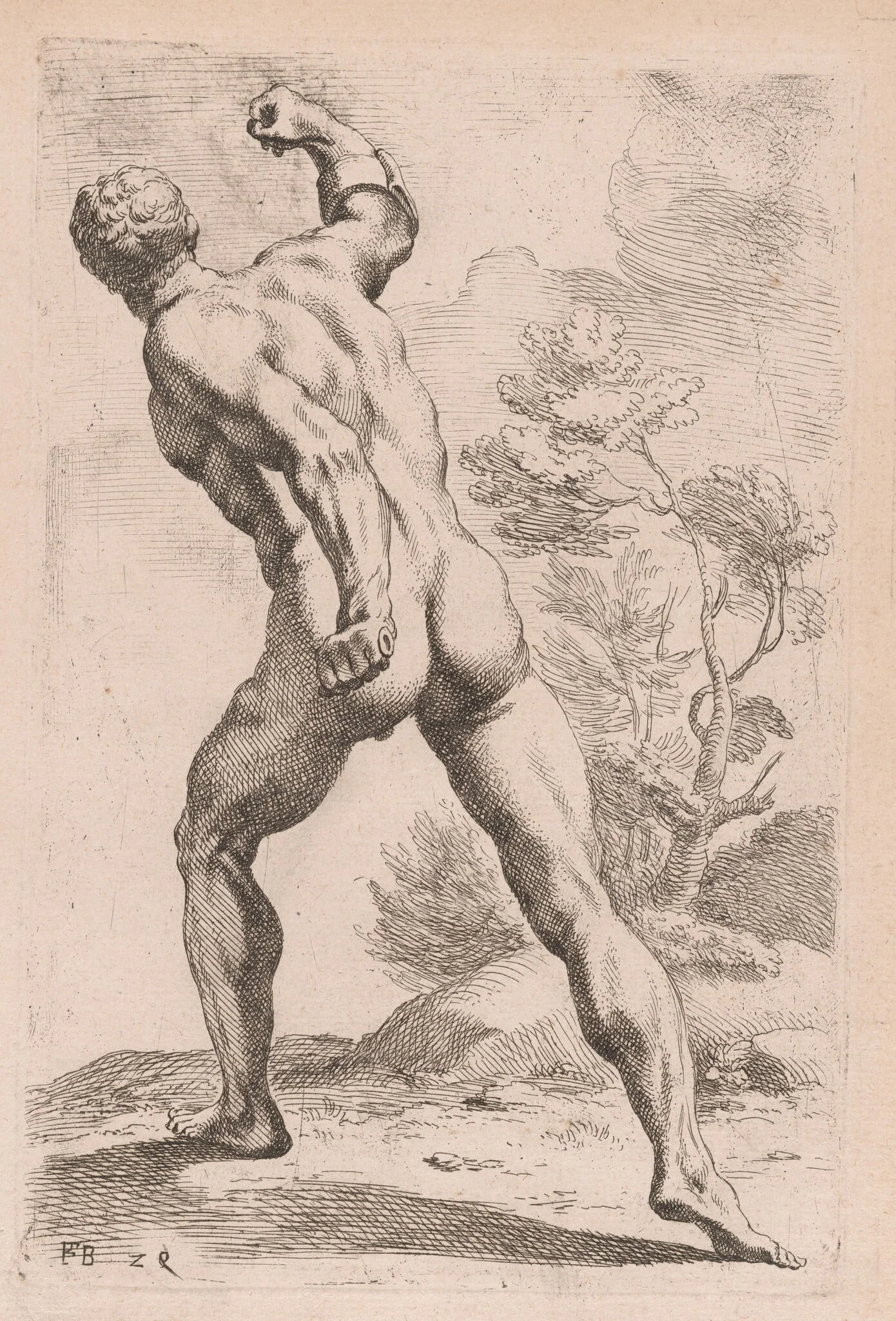 The Borghese Gladiator, back view [plate 29], by François Perrier, ink, 1638