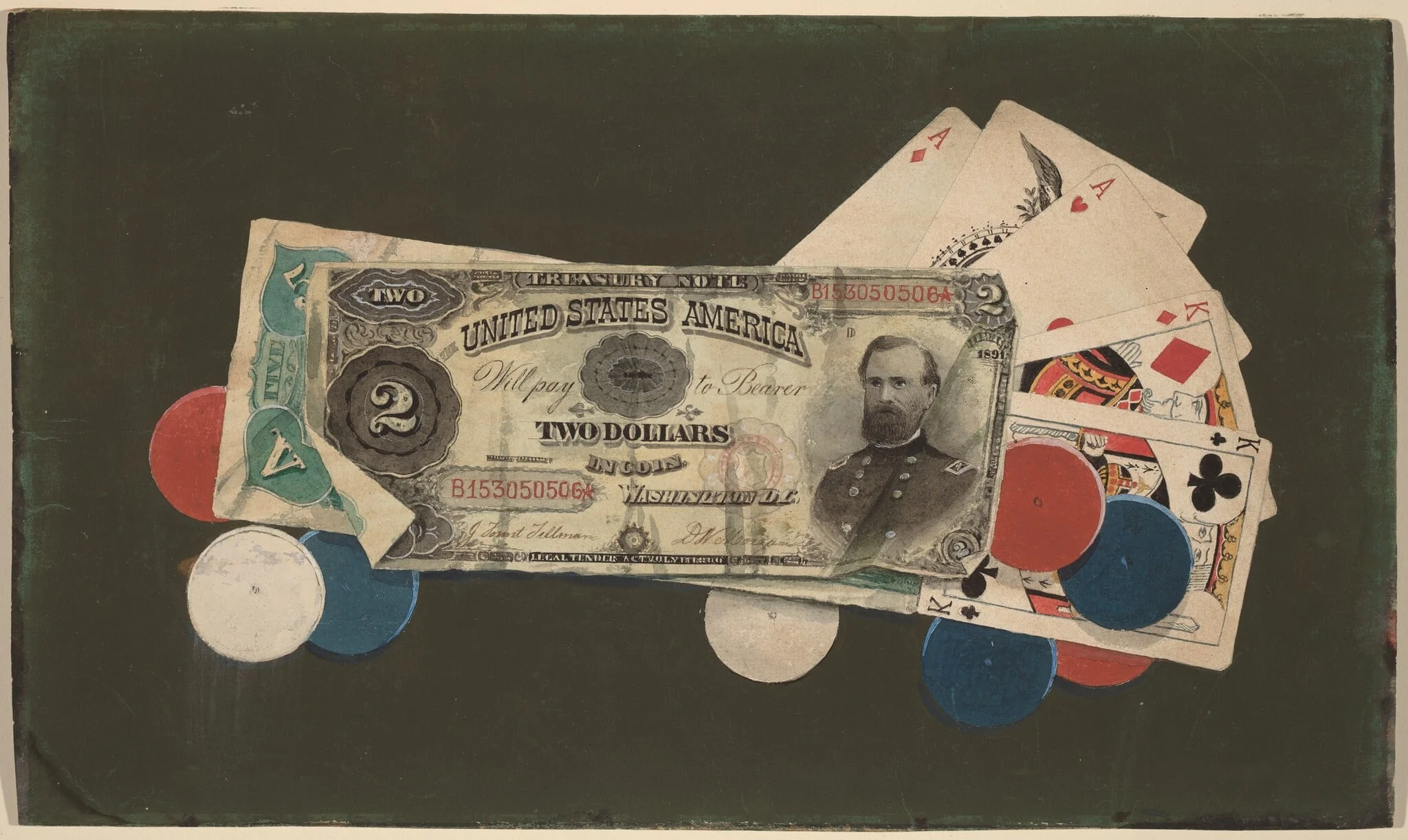 Trompe l'Oeil: A Full House with Chips, $2 and $5 Bills, by American 19th Century, watercolor, 1895