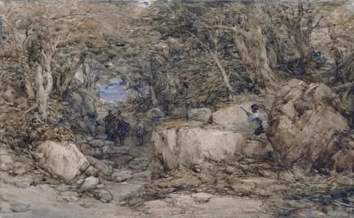 Forest glen, with travellers approaching an ambuscade