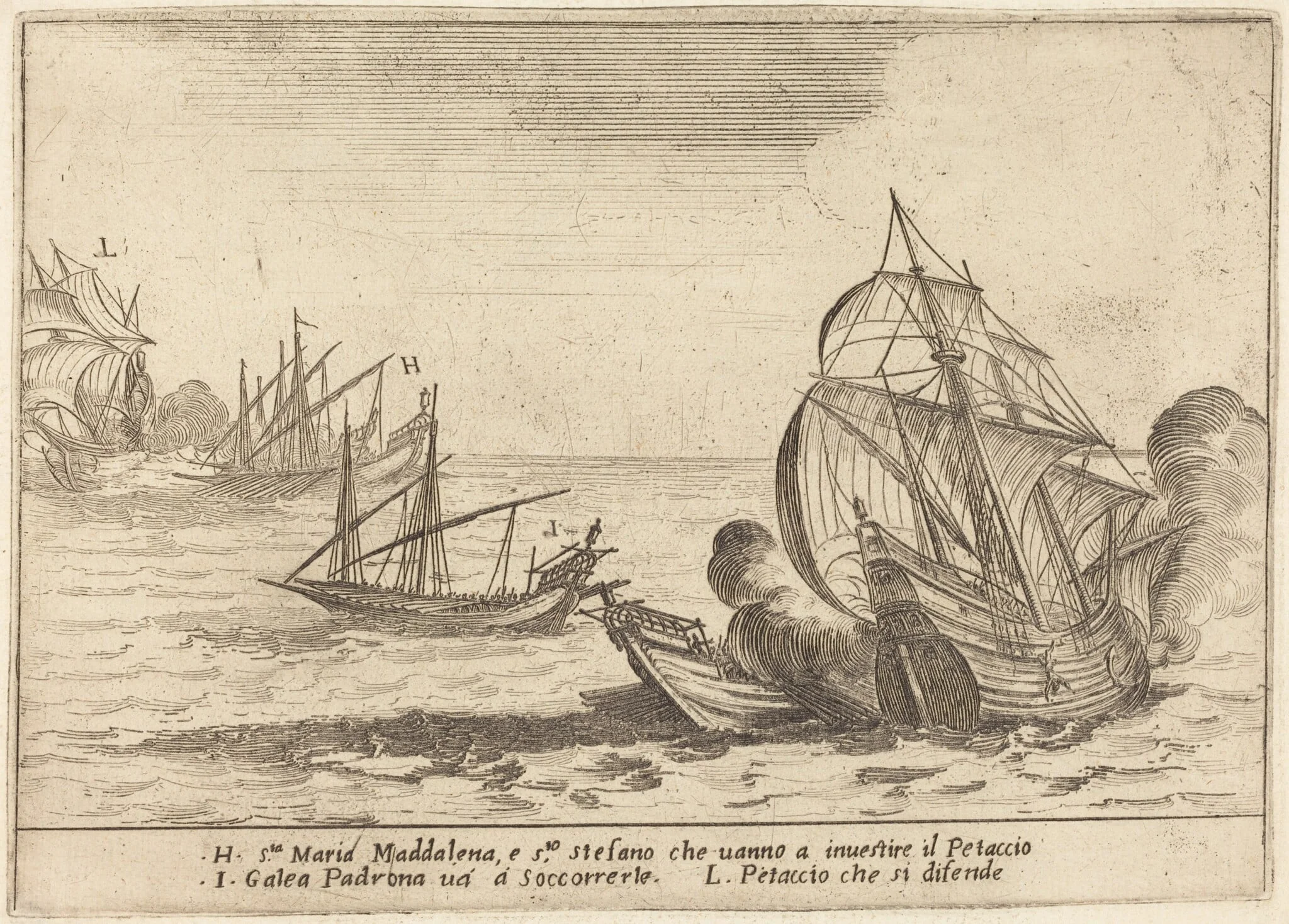 Boarding of the Petaccio, by Jacques Callot, ink, 1617
