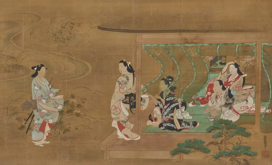 Beauty Receiving a Visitor, by Tamura Suio, unspecified, 1705