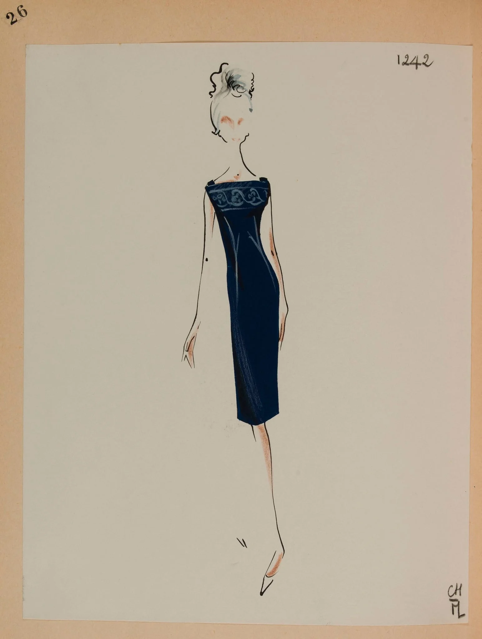 Robe sans manches bleu marine à motif sur la poitrine, by Carven, 1963