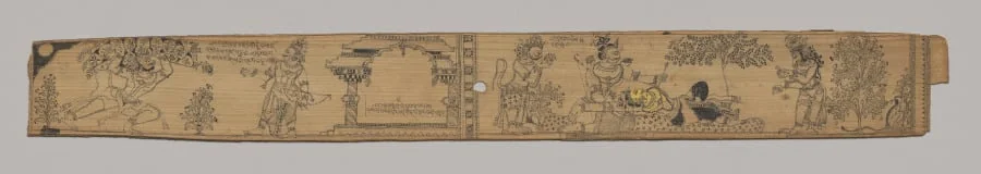 Hanuman Brings the Mountain of Healing Plants; Rama Extracts the Arrow from Lakshmana as Hanuman and a Bear Prepare to Treat Him (recto), from a Romance of Chandrabhanu and Lavanyavati of Upendra Bhanja (Indian, died 1740), by Unknown, unspecified, 1704