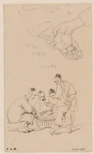 A group of game-players, and a study of clasped hands