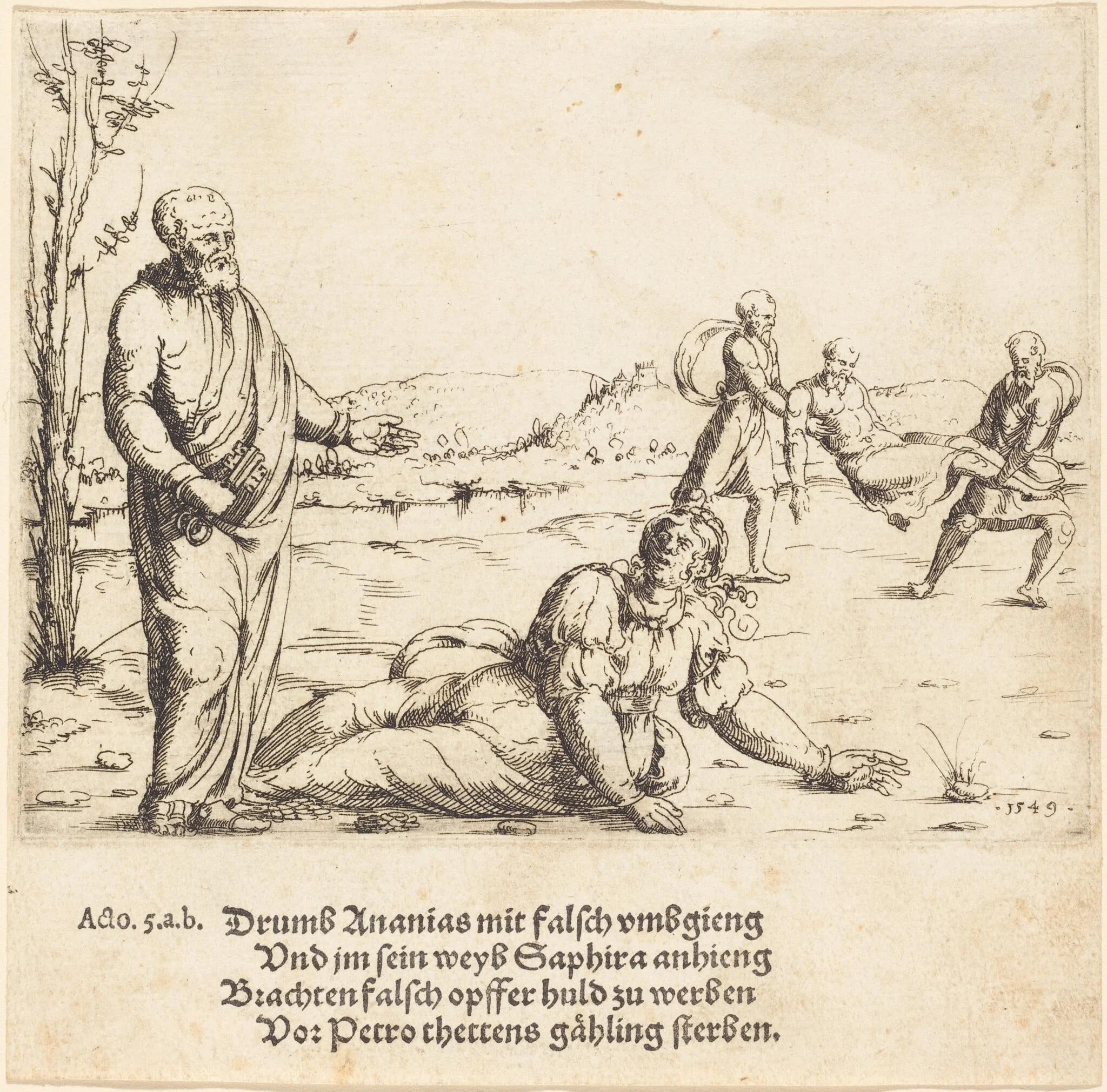 The Punishment of Ananias and Sapphira, by Augustin Hirschvogel, ink, 1549