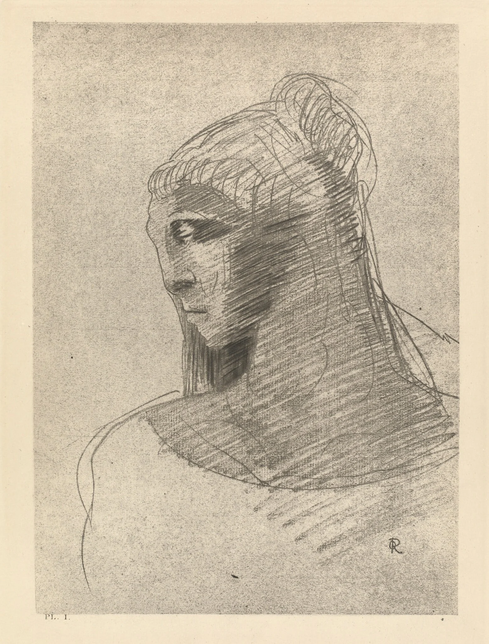 Je t'adore a l'egal de la voute nocturne.  O vase de tristesse, o grande taciturne (I adore you as I adore the vault of the night sky, O vessel of sadness, O tall silent woman), by Odilon Redon, ink, 1890