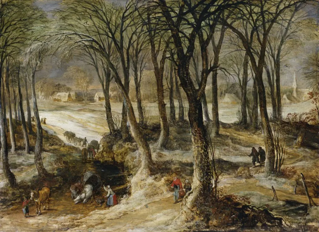 Winter landscape with an overturned horse-drawn cart, and figures driving a herd