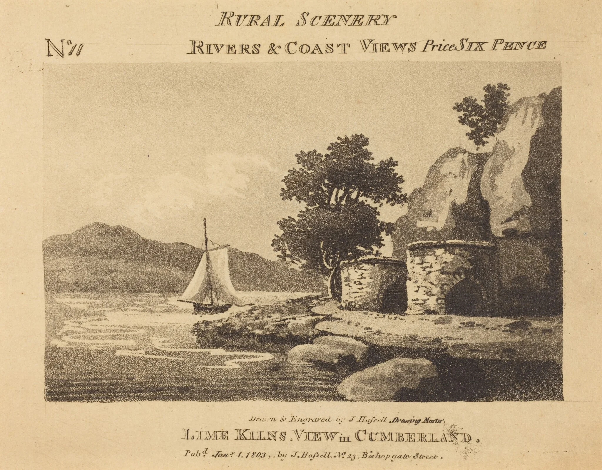 Lime Kilns, View in Cumberland, by John Hassell, ink, 1803
