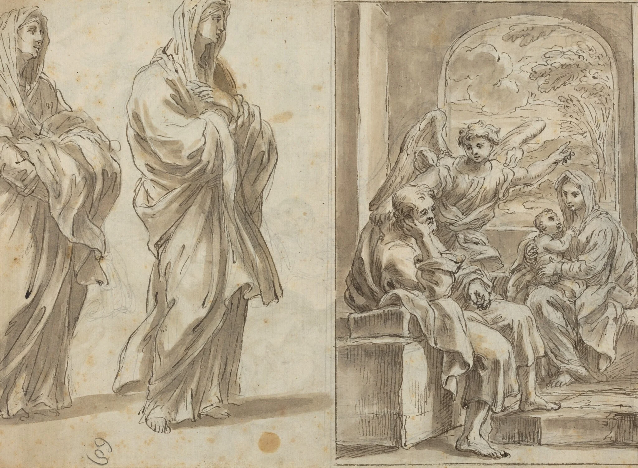 Two Draped Female Figures; Rest on the Flight into Egypt [verso], by Angelo Marullo, chalk, 1670