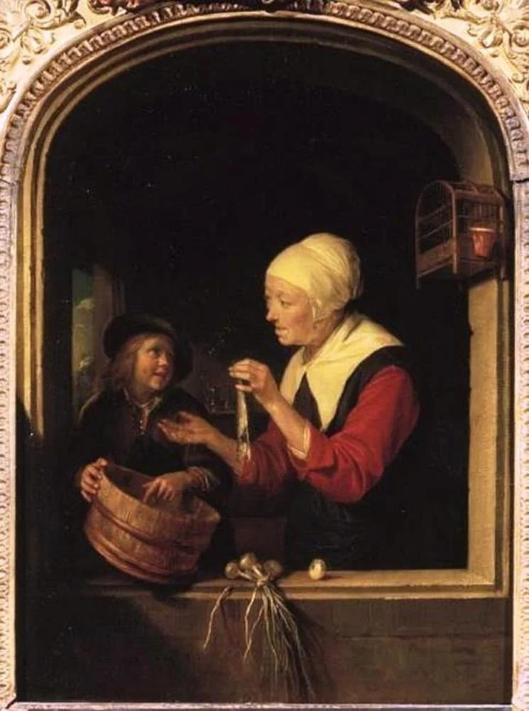 Market Woman with a Boy and Herring in a Window, by Gerrit Dou, oil, 1665