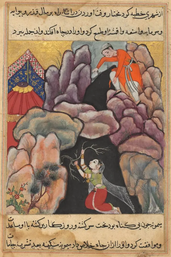 Mukhtar throws his wife Maimuna into the pit, but she saves herself, from a Tuti-nama (Tales of a Parrot): Twenty-fifth Night