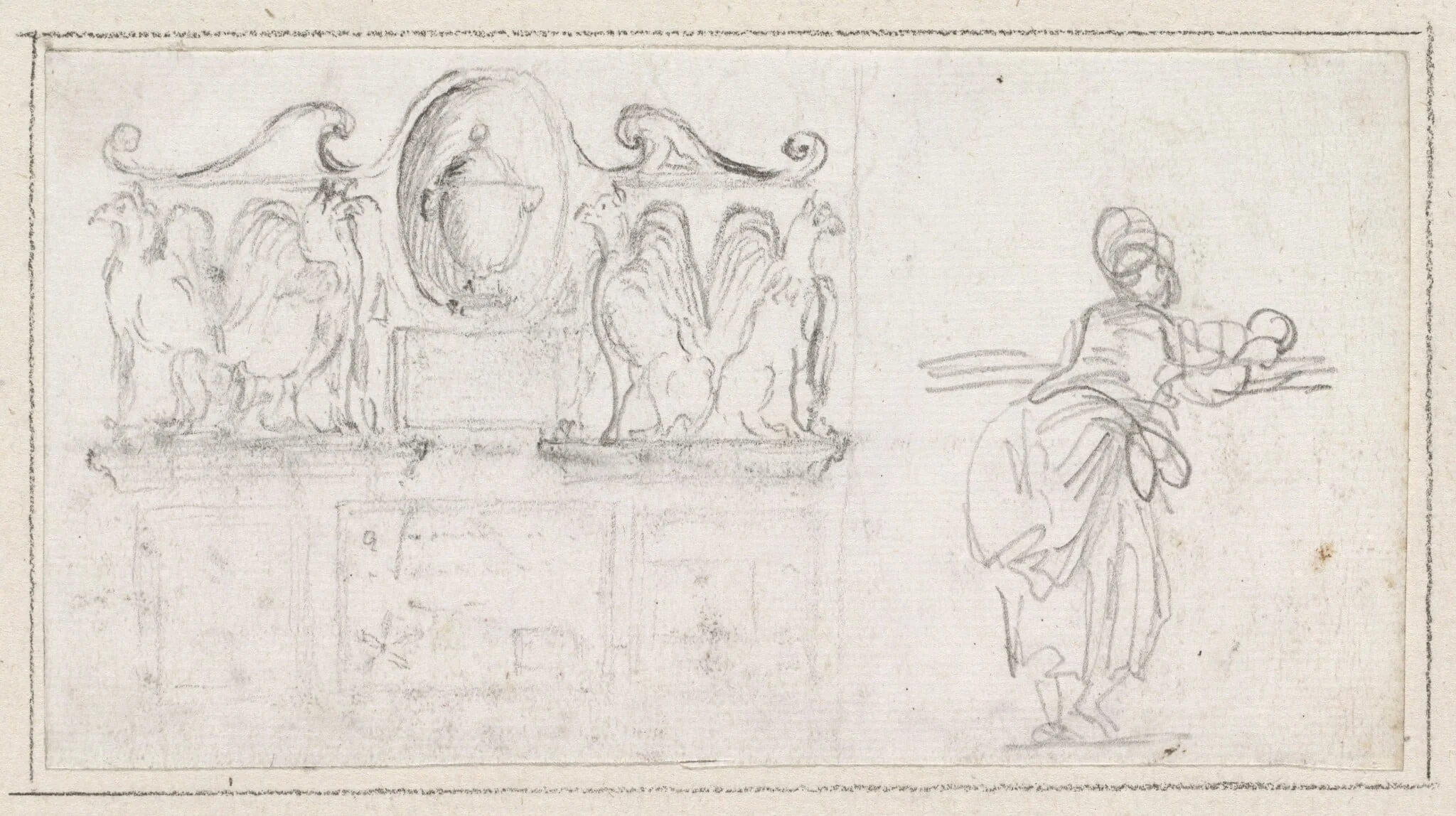 A Decorative Sculpture with a Woman Seen from Behind, by Hubert Robert, graphite, 1760