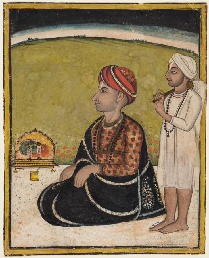 A Ruler Seated on a Terrace Worshipping at a Shrine of Radha and Krishna, by Unknown, unspecified, 1800