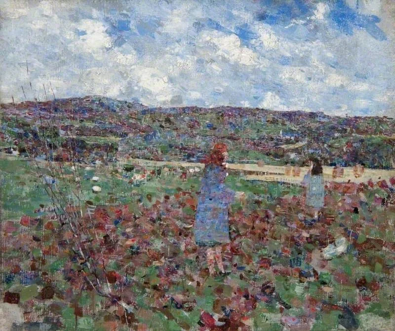 Landscape with Two Girls in Blue, by John Quinton Pringle, oil, 1903