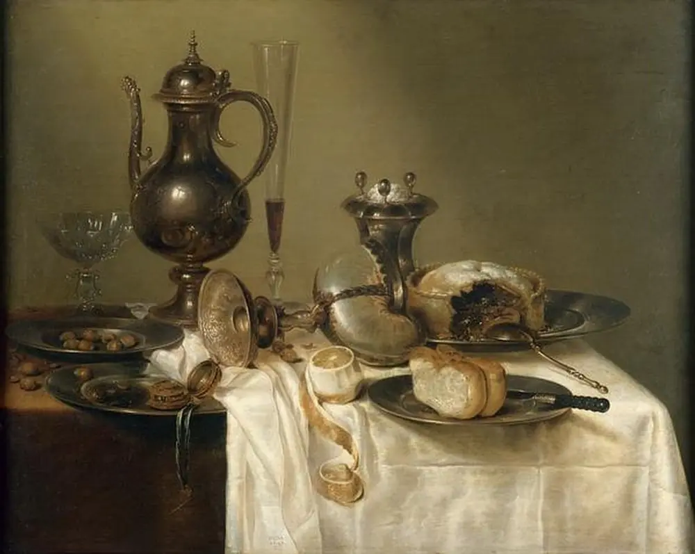 Still life with decanter, nautilus cup, wine glasses and pie