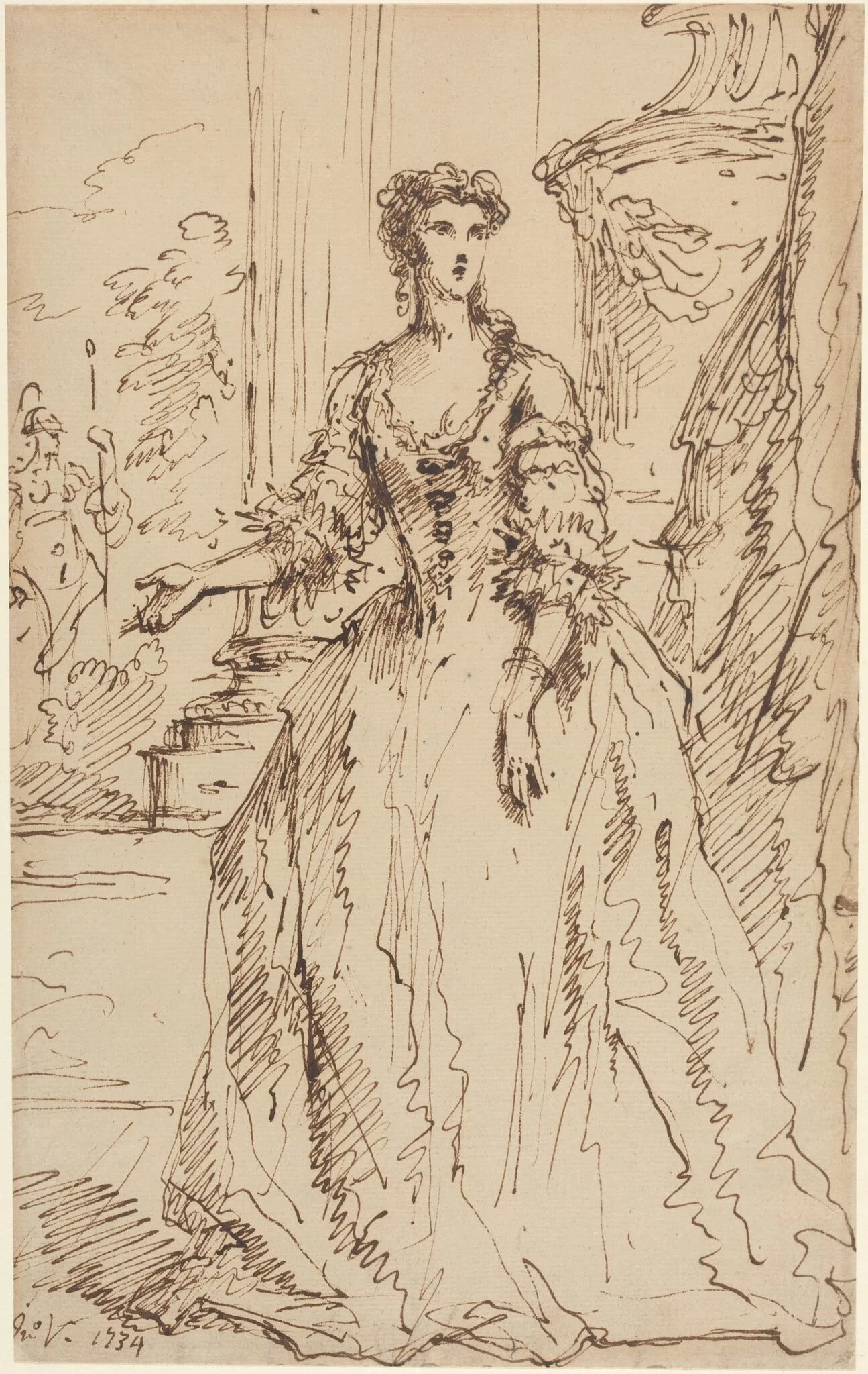 Portrait of a Standing Lady, by John Vanderbank, ink, 1734