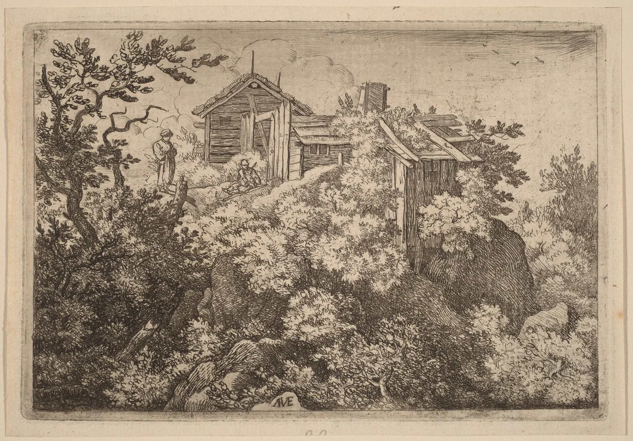 Three Cottages on a Rock, by Allart van Everdingen, ink, 1650
