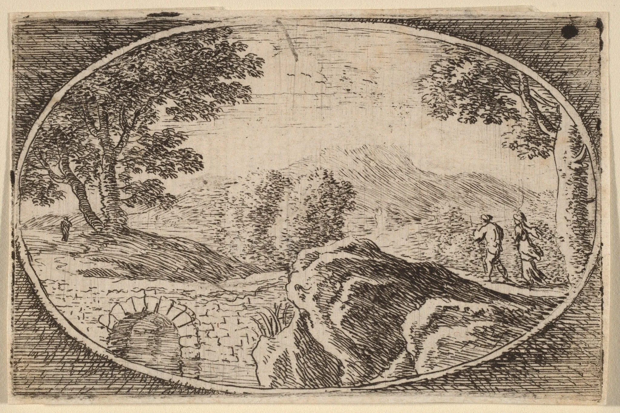 Two Figures near a Small Stone Bridge, by Herman van Swanevelt, ink, 1628