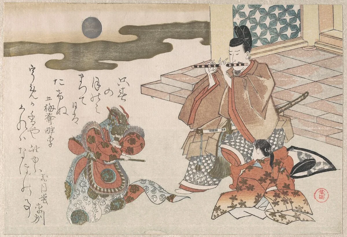 舞楽|Courtier Playing a Flute to Accompany a Bugaku Dance, by Kubo Shunman, ink, 1810