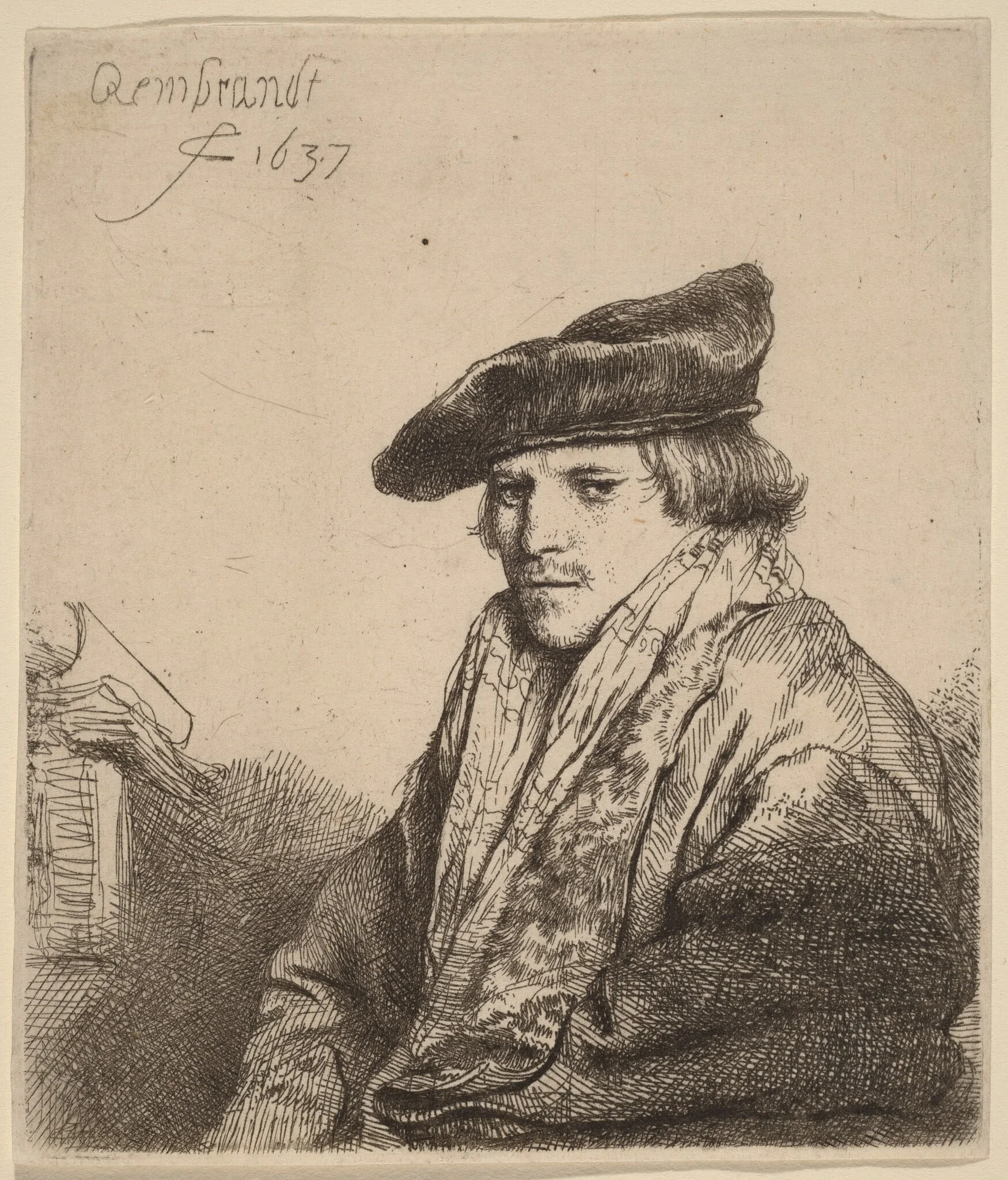 Young Man in a Velvet Cap (Petrus Sylvius?), by Rembrandt, ink, 1637