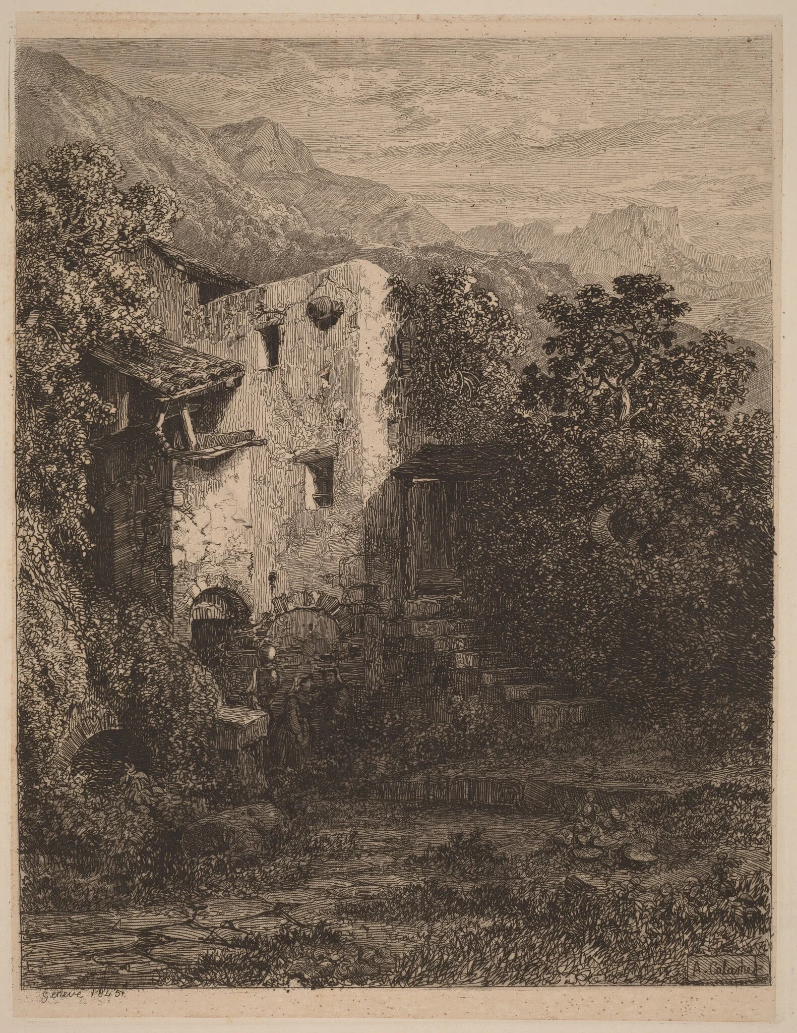 Dilapidated House, by Alexandre Calame, ink, 1845