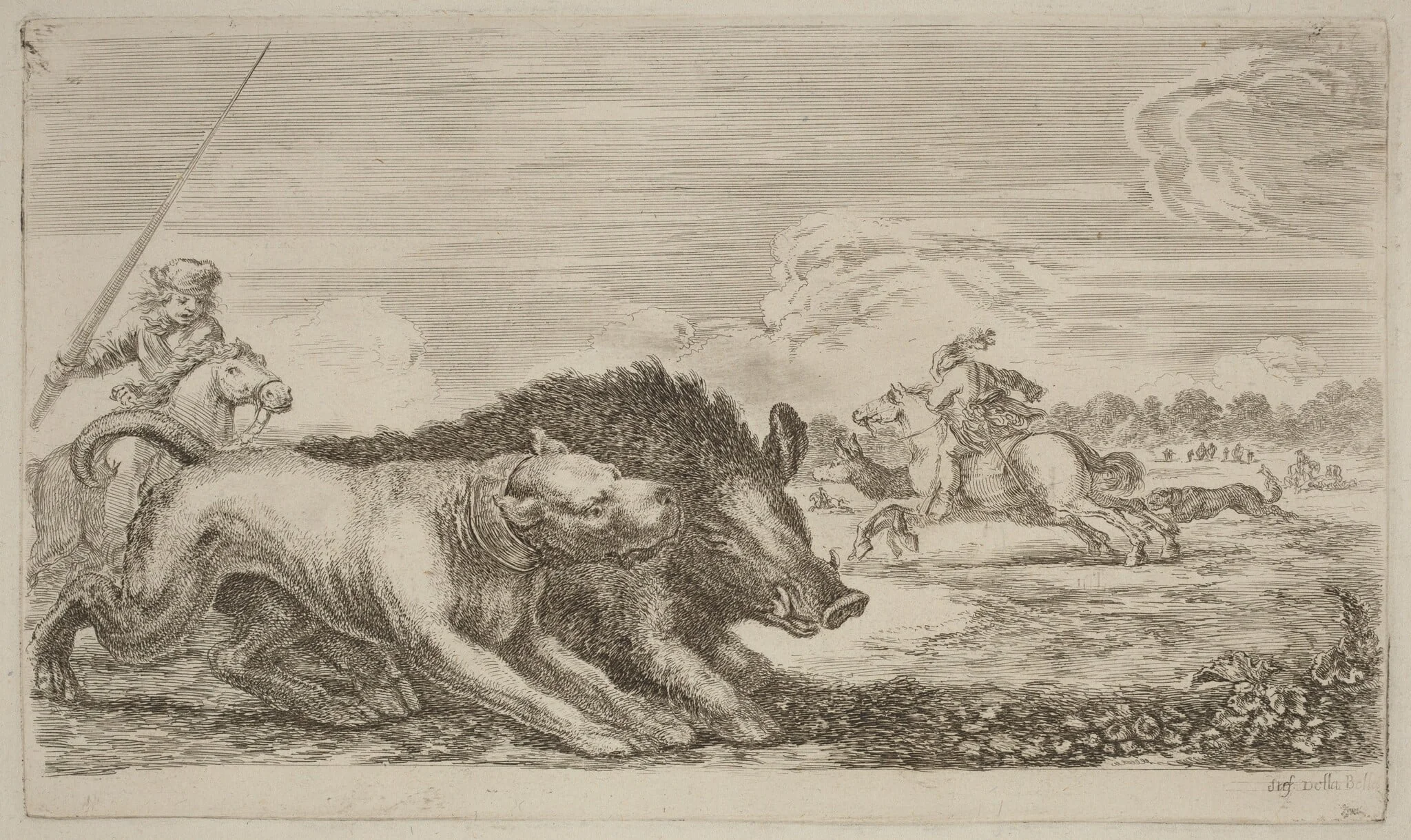 Boar Chased by a Dog, by Stefano Della Bella, ink, 1637