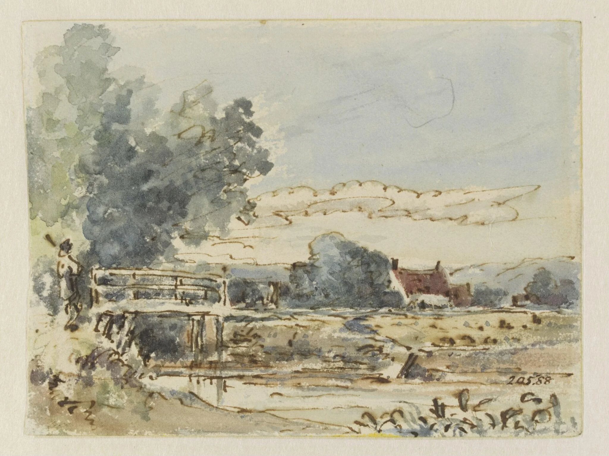 A bridge over a stream, with a cottage behind