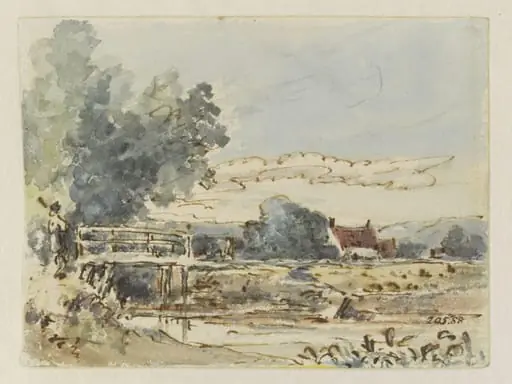 A bridge over a stream, with a cottage behind