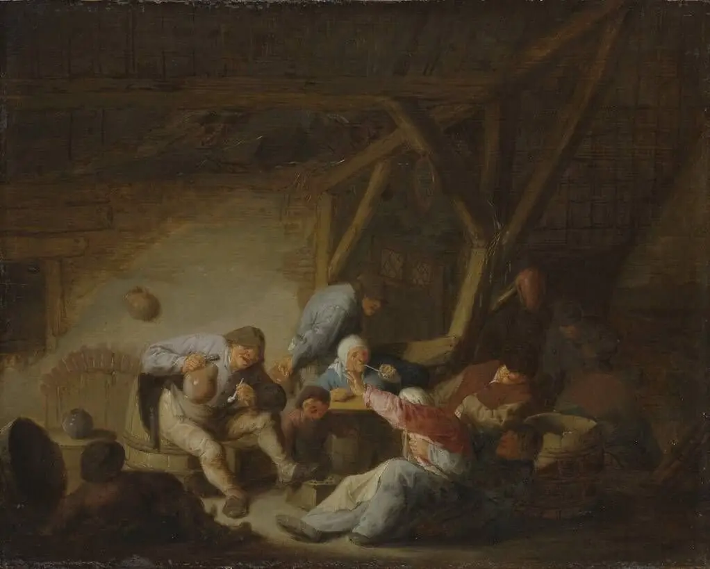Merry peasant company in a an interior