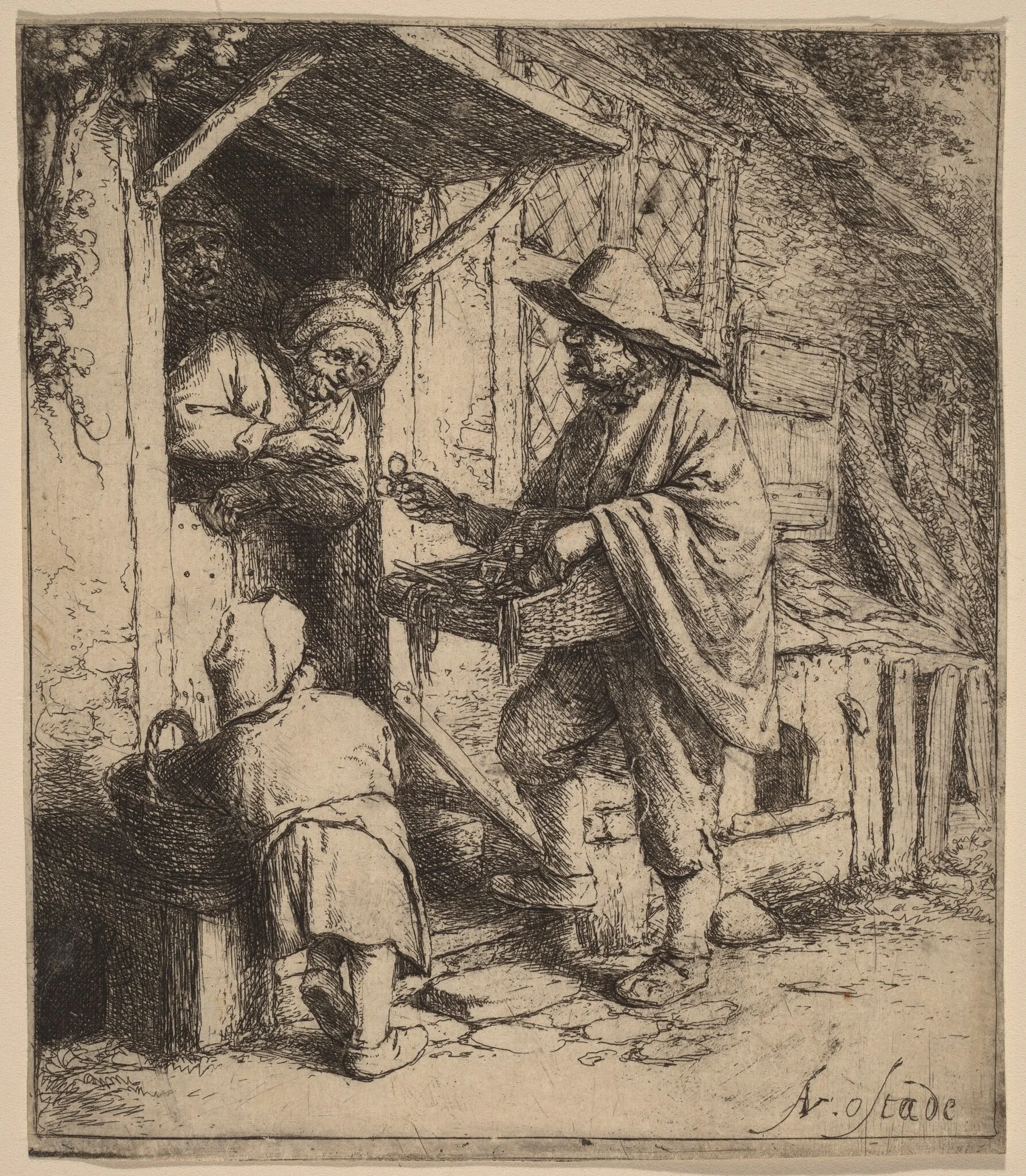 Street Vendor Selling Spectacles at the Door, by Adriaen van Ostade, ink, 1647