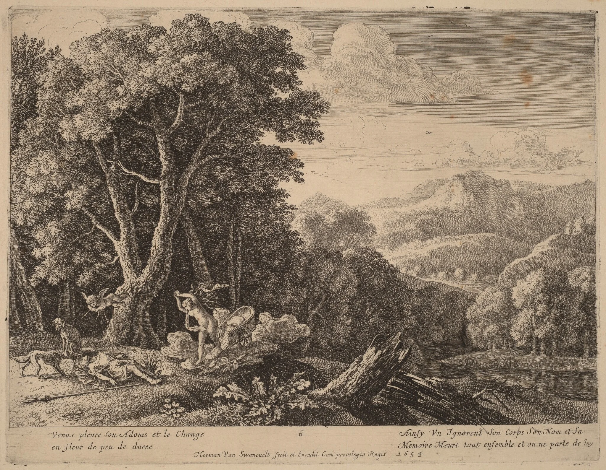 Venus Lamenting over Adonis' Death, by Herman van Swanevelt, ink, 1628