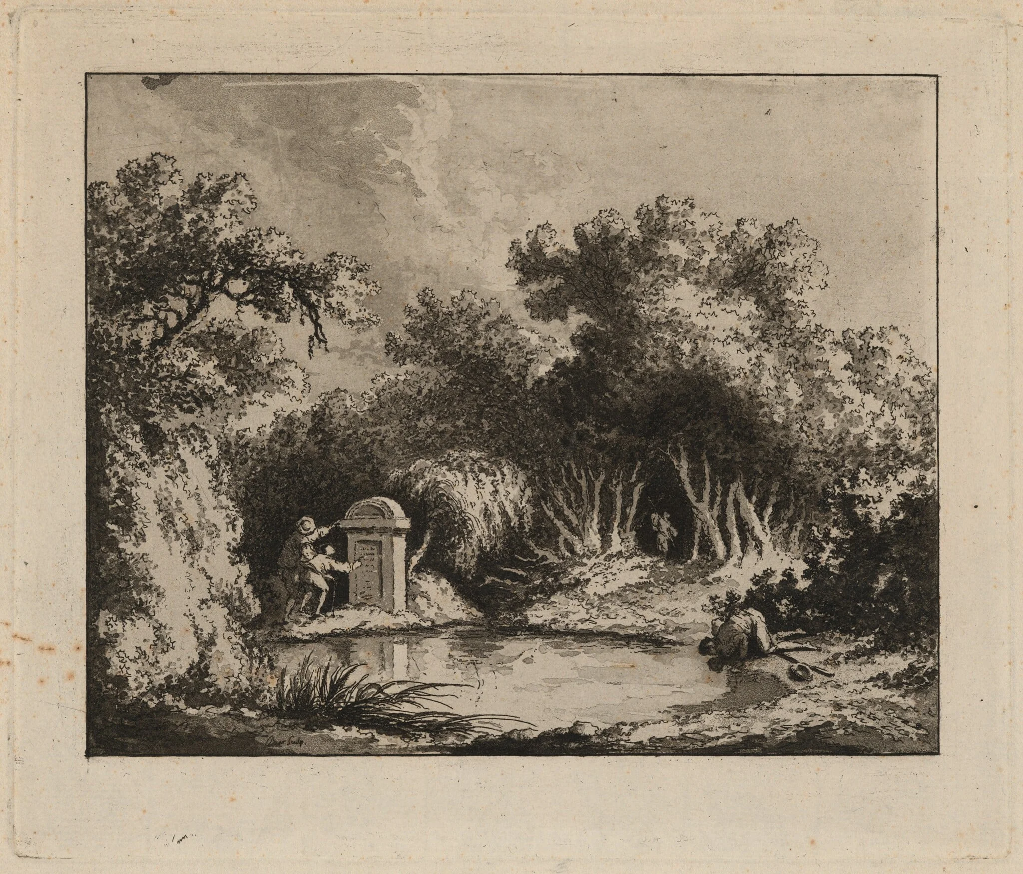 Landscape with Figures, by Jacques Charles Bar, ink, 1786