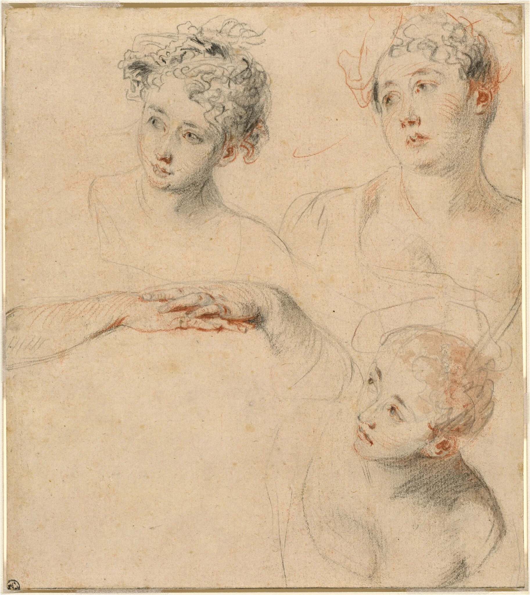 Three Studies of a Woman's Head and a Study of Hands [recto], by Jean Antoine Watteau, chalk, 1718