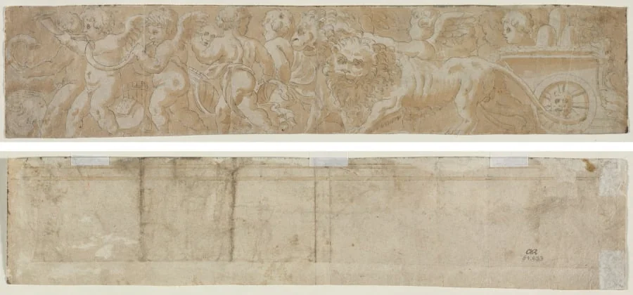 Chariot Drawn by Lions with Amorini (recto) Partial Architectural Study (verso), by Unknown, 1504