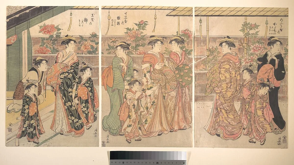 仲の町の牡丹|The Peony Show, by Torii Kiyonaga, ink, 1790