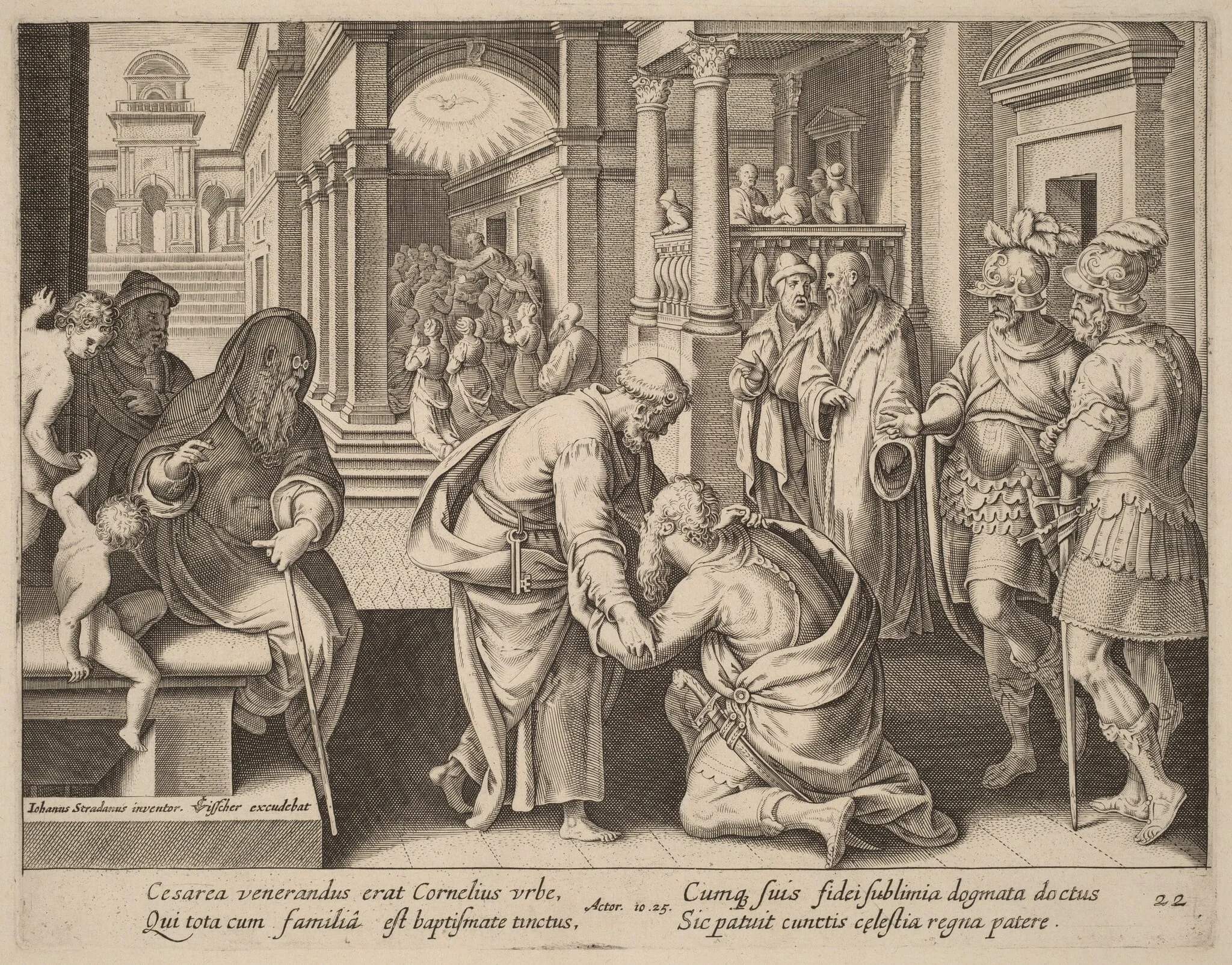 Cornelius Worshipping Saint Peter, by Philip Galle, ink, 1574