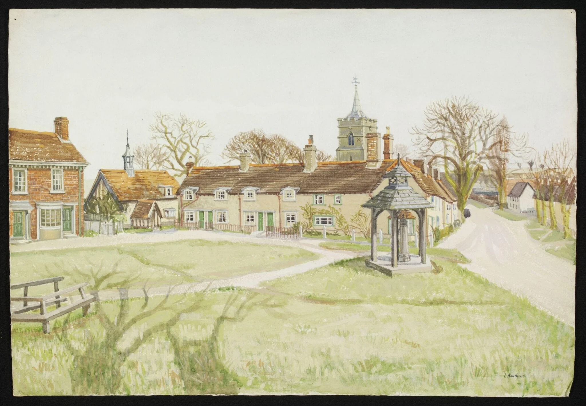 The Village Green, Westmill, by Hawkins, watercolor, 1940