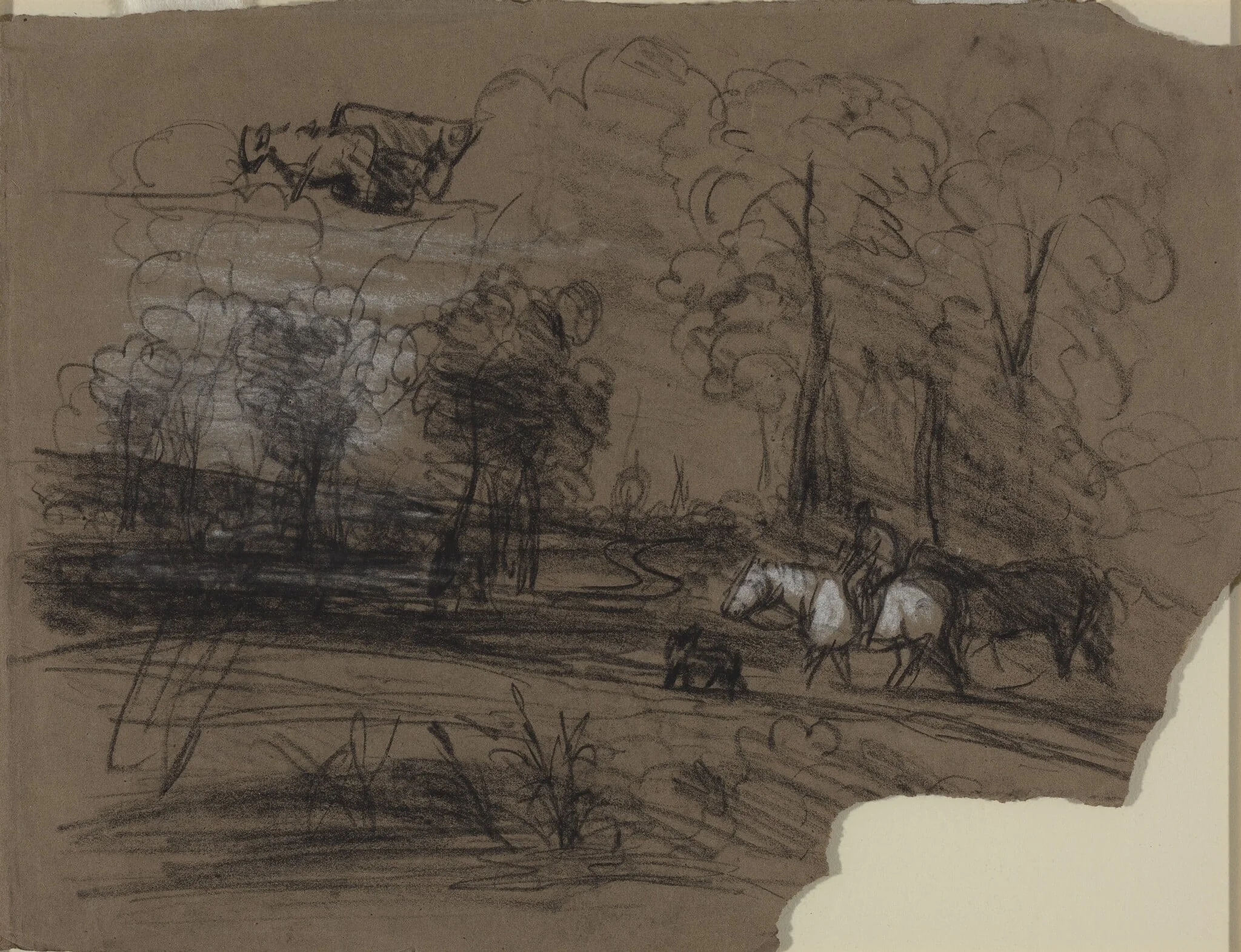 Rider in the Countryside, by French 19th Century, charcoal, 1850