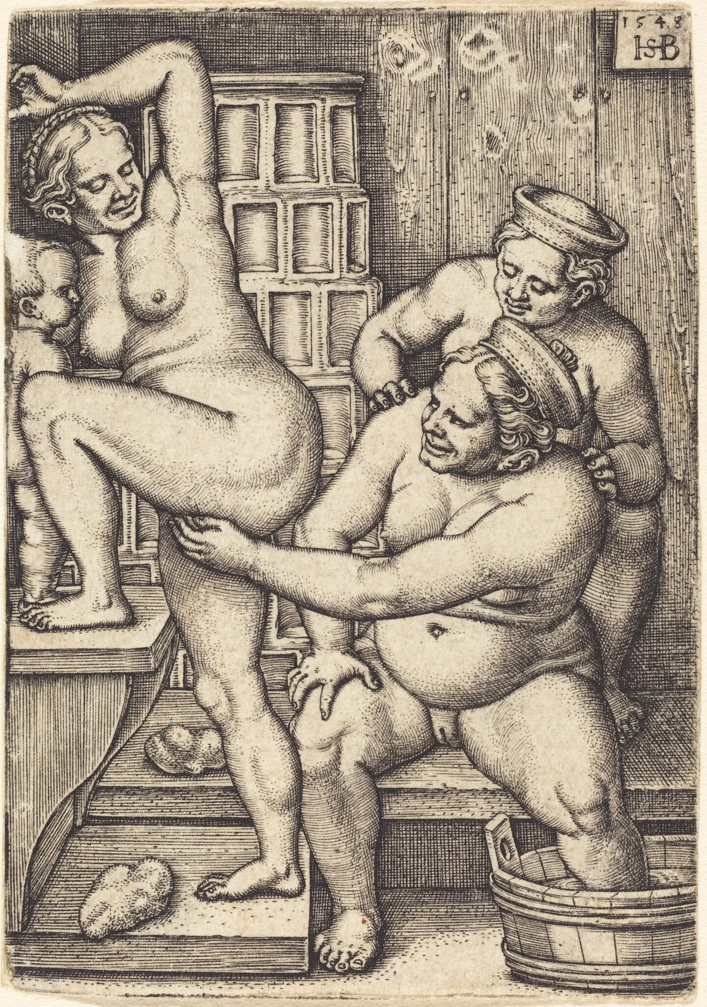 Three Women in a Bathroom, by Sebald Beham, ink, 1548