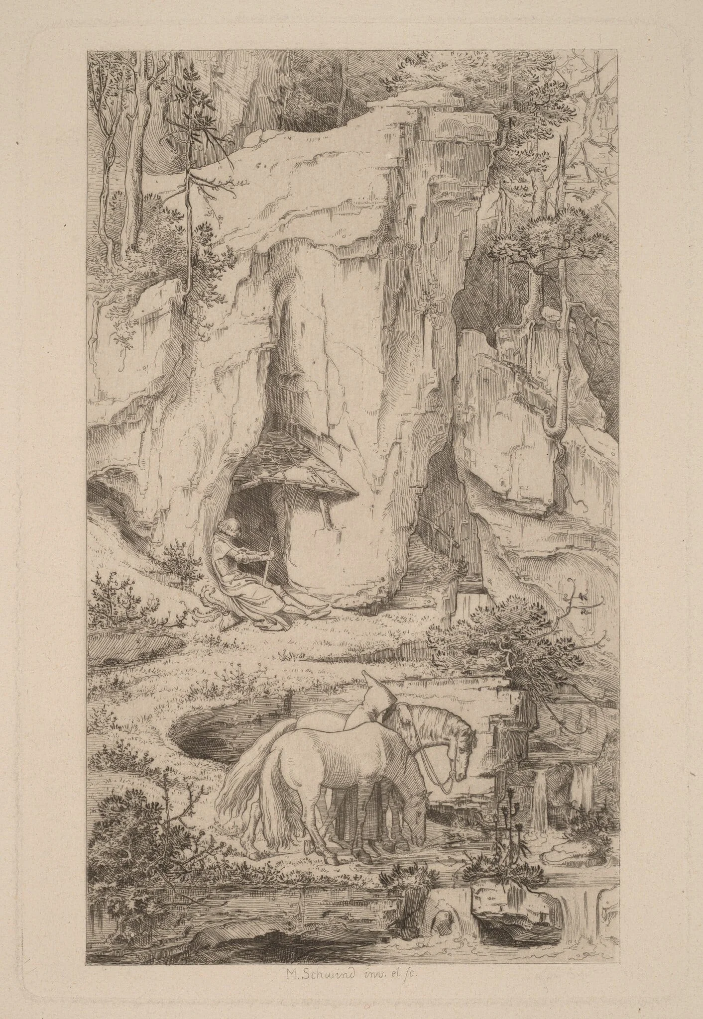 A Monk Leading Horses to Water, by Moritz von Schwind, ink, 1845
