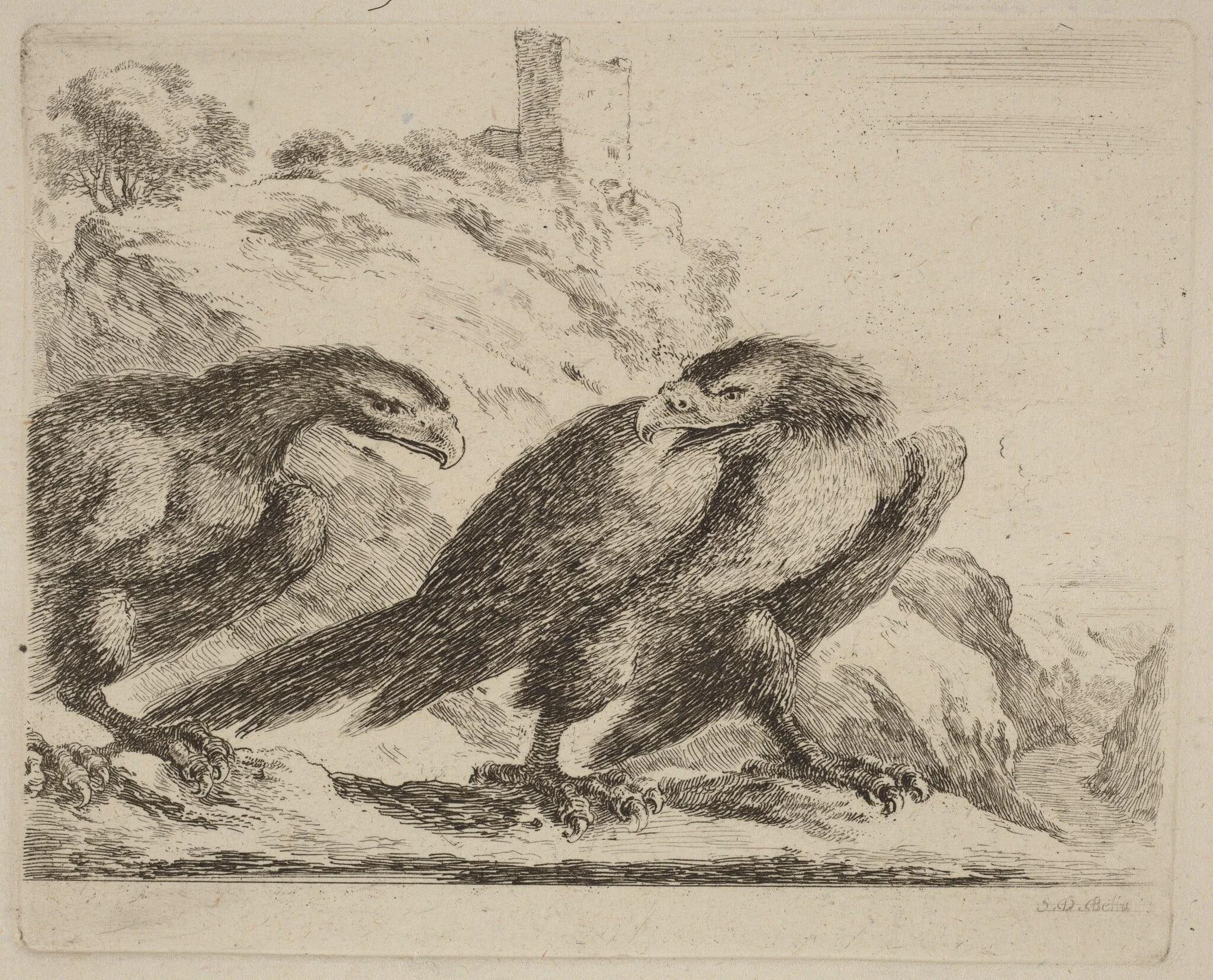 Two Eagles with Tower in Background
