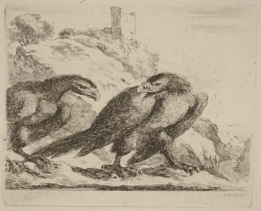 Two Eagles with Tower in Background