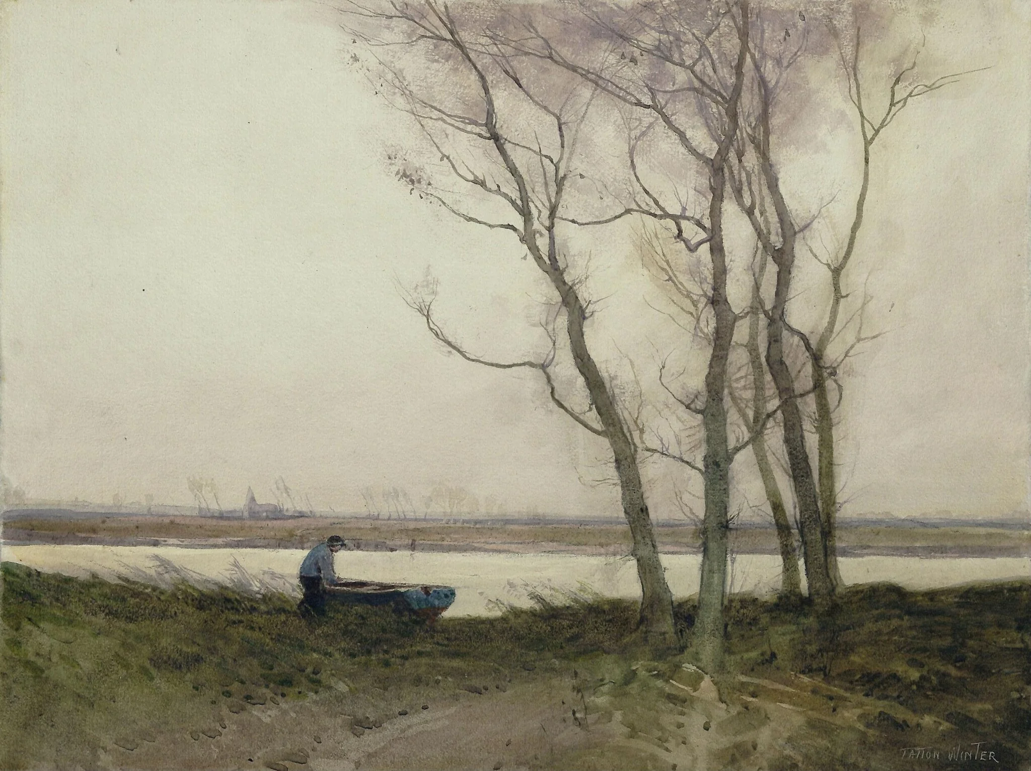 Landscape with Trees, River and Boatman, by William Tatton Winter, watercolor, 1875